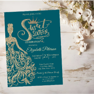 Gold Glitter Dress Girl Tiara, Diamonds Sweet 16 Invitation