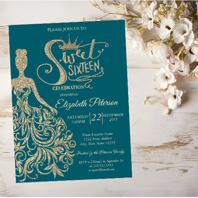 Gold Glitter Dress Girl Tiara, Diamonds  Sweet 16 Invitation (Creator Uploaded)