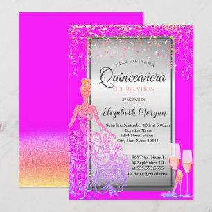 Gold Glitter Dress,Heels, Pink Quinceañera Invitation