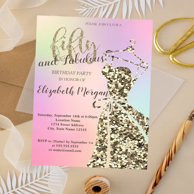 Gold Glitter Dress,Holographic 50th Birthday Party Invitation (Creator Uploaded)