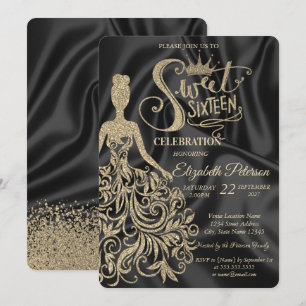 Gold Glitter Dress,Tiara Black Satin Sweet 16 Invitation
