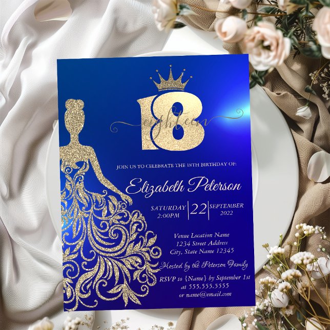 Gold Glitter Dress,Tiara,Blue18th Birthday Invitation (Creator Uploaded)