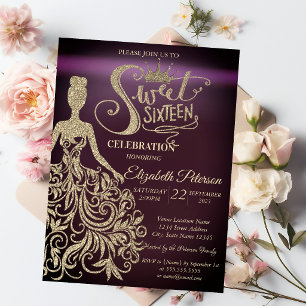 Gold Glitter Dress,Tiara Burgundy Sweet 16 Invitation