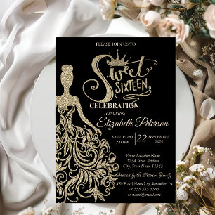 Gold Glitter Dress,Tiara, Diamonds Black Sweet 16 Invitation