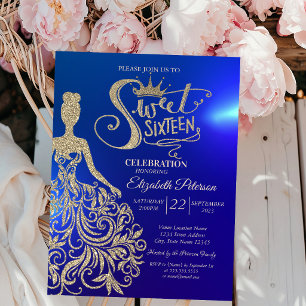 Gold Glitter Dress,Tiara, Diamonds Blue Sweet 16 Invitation