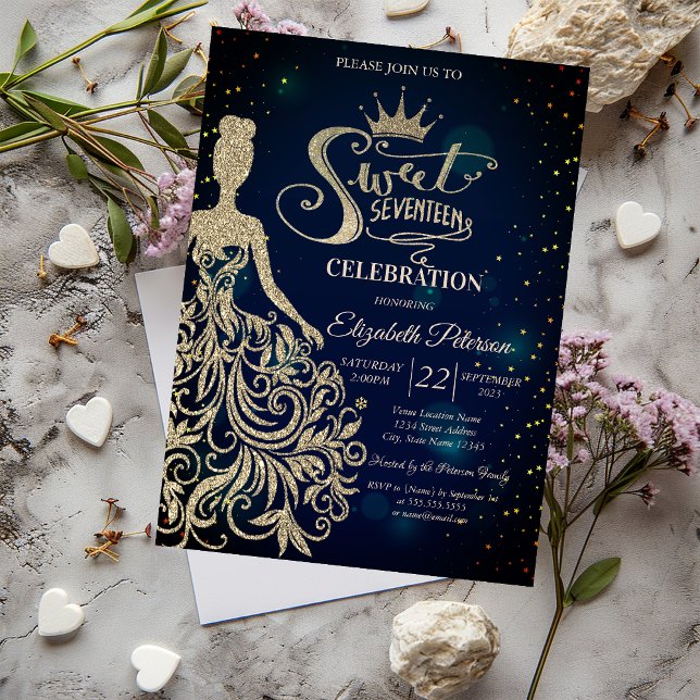 Gold Glitter Dress,Tiara,Diamonds Blue Sweet 17  Invitation (Creator Uploaded)