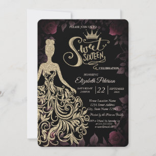 Gold Glitter Dress,Tiara,Diamonds Dark Roses Invitation