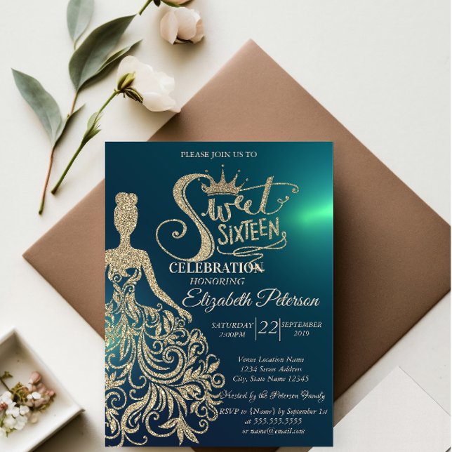 Gold Glitter Dress,Tiara, Diamonds Green Sweet 16 Invitation (Creator Uploaded)