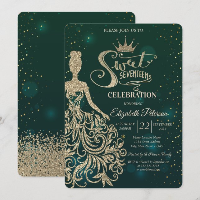 Gold Glitter Dress,Tiara,Diamonds Green Sweet 17  Invitation (Front/Back)