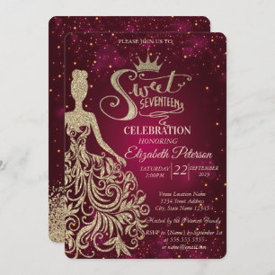 Gold Glitter Dress,Tiara, Diamonds Sweet 17 Invitation
