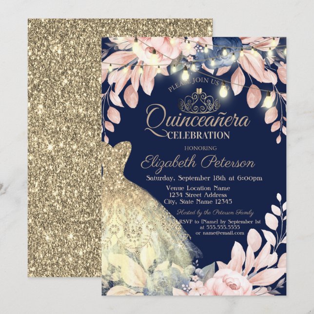 Gold Glitter Dress,Tiara Floral Quinceañera Invitation (Front/Back)