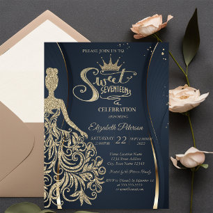 Gold Glitter Dress Tiara Navy Blue Quinceañera   Invitation