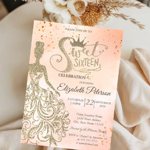 Gold Glitter Dress,Tiara,Orange Sweet 16 Invitation