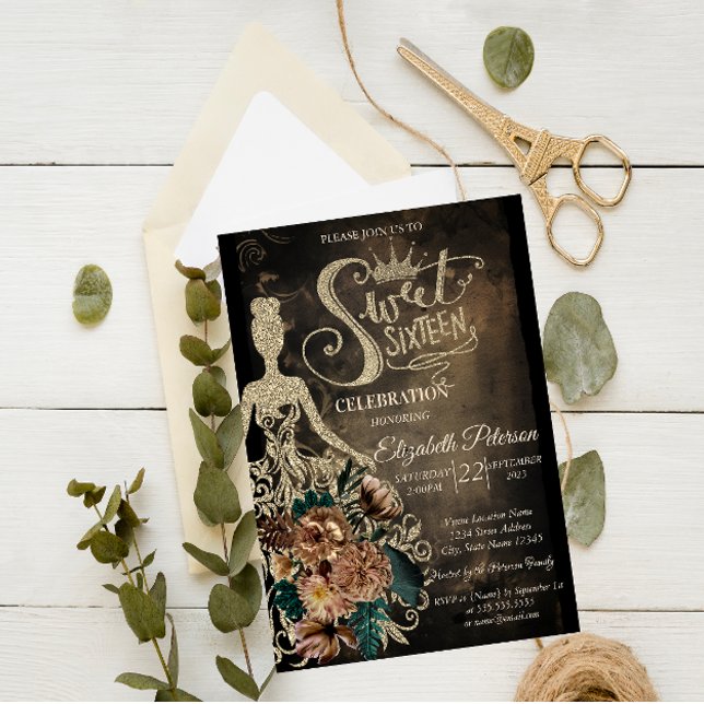 Gold Glitter Dress,Tiara,Roses Gothic Sweet 16 Invitation (Creator Uploaded)