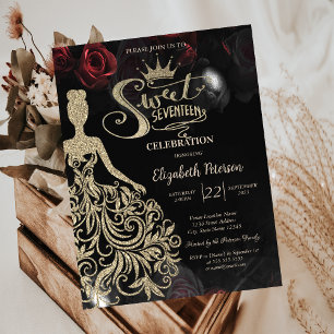 Gold Glitter Dress,Tiara,Roses Sweet 17  Invitation