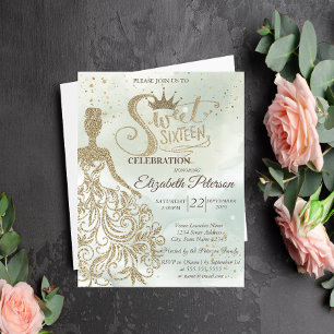 Gold Glitter Dress,Tiara,Watercolor Green Sweet 16 Invitation