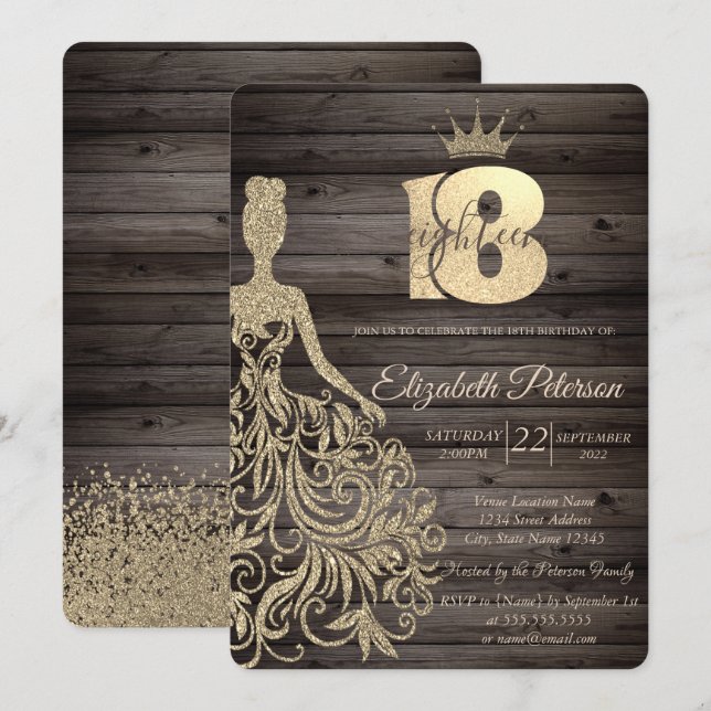 Gold Glitter Dress,Tiara,Wood 18th Birthday Invitation (Front/Back)