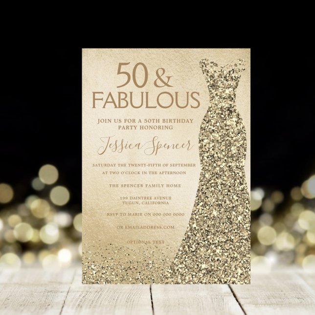 Gold Glitter Dress Womans 50th Birthday Party Invitation (Creator Uploaded)