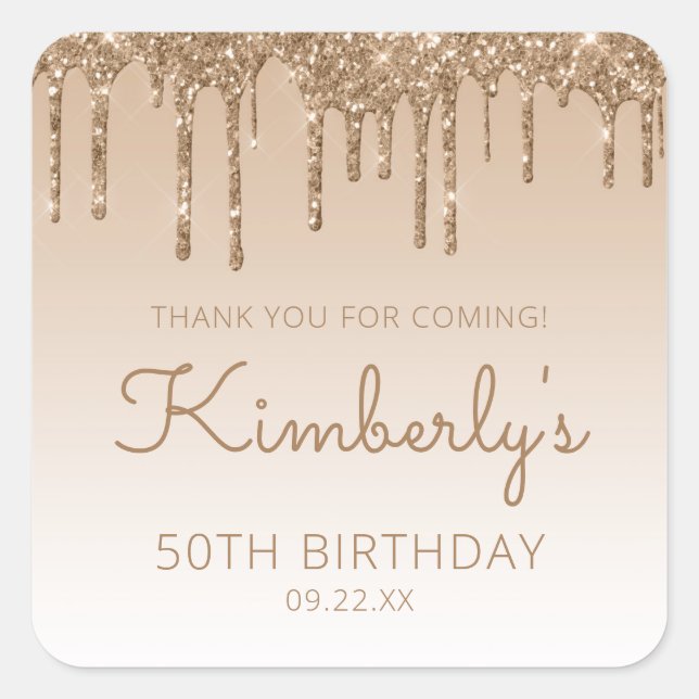 Gold Glitter Drip 50th Birthday Party Thank You Square Sticker (Front)