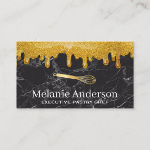 Gold Glitter Drip Black Marble Whisk Business Card