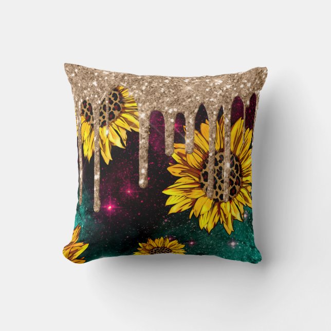 *~* Gold Glitter Drip Drips Leopard Sunflowers Cushion (Front)