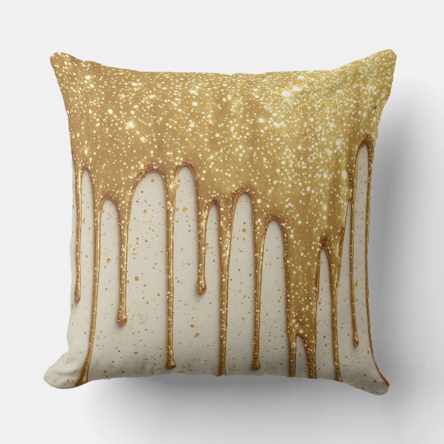Gold Glitter Drip Luxury Sparkling Particles Cushion (Front)