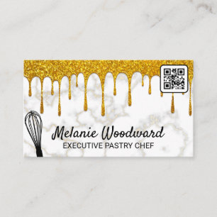 Gold Glitter Drip Marble Whisk QR code Business Card
