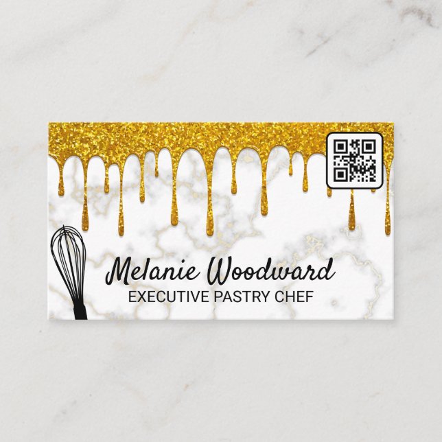 Gold Glitter Drip | Marble | Whisk | QR code Business Card (Front)