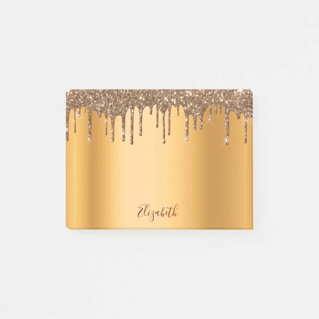 Gold glitter drip metallic name post-it notes (Front)