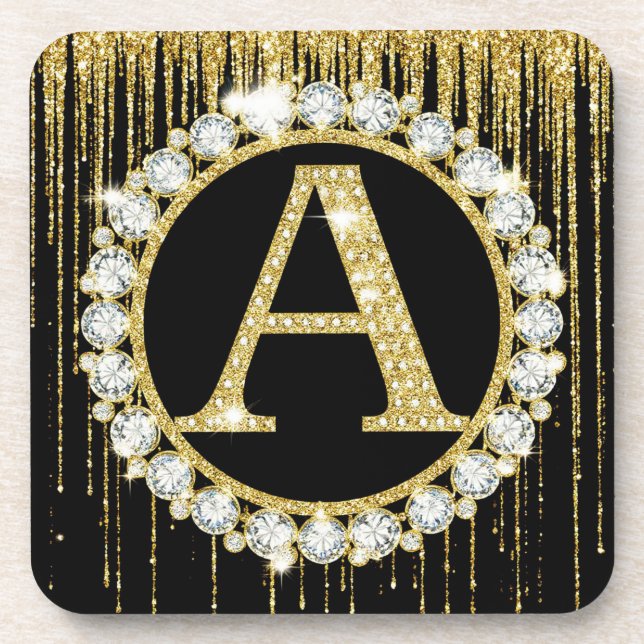 Gold Glitter Drip Monogram A Personal Initial Coaster (Front)