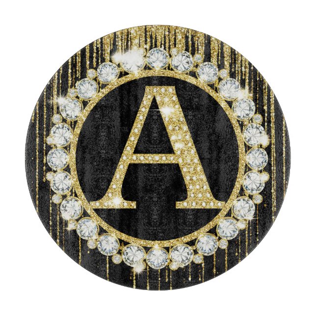 Gold Glitter Drip Monogram A Personal Initial Cutting Board (Front)