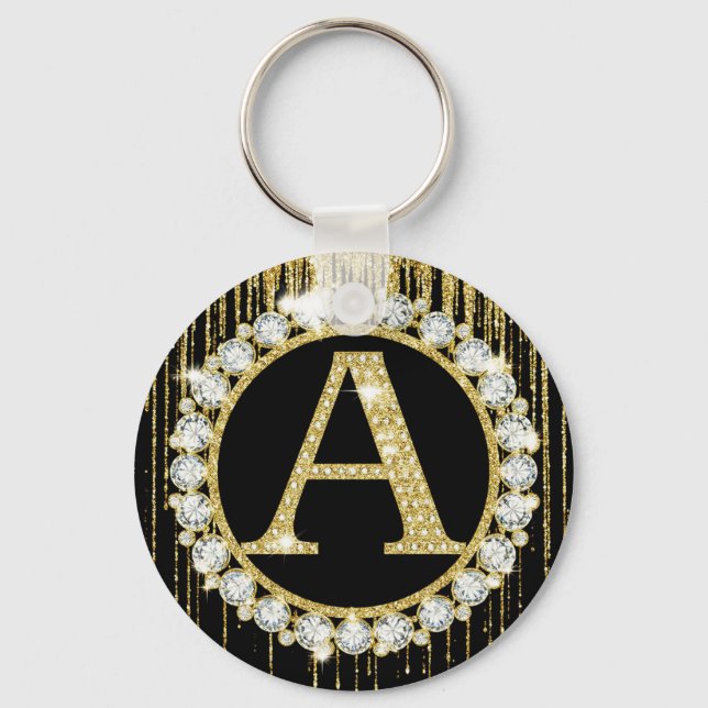 Gold Glitter Drip Monogram A Personal Initial Key Ring (Front)