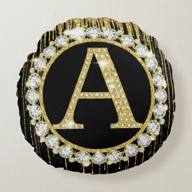 Gold Glitter Drip Monogram A Personal Initial Round Cushion (Front)