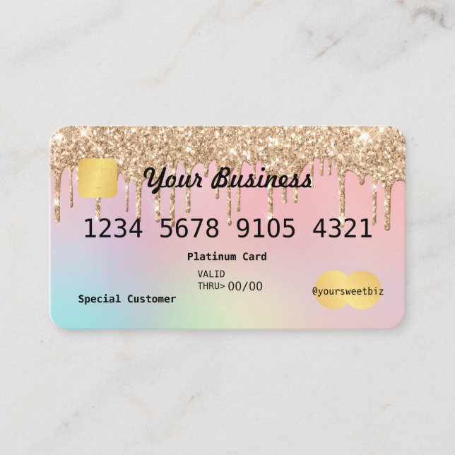 Gold Glitter Drip Ombre Pink Credit Business Card (Front)