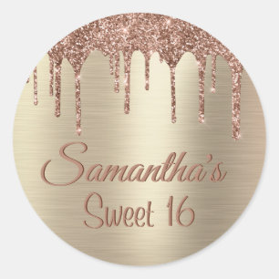 Gold Glitter Drip Sweet 16 Birthday Classic Round Sticker
