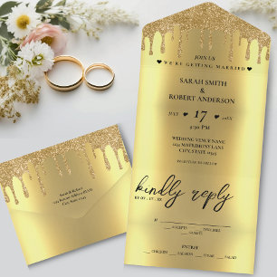 Gold Glitter Drip Wedding All In One Invitation