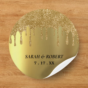 Gold Glitter Drip Wedding Classic Round Sticker