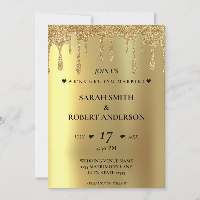 Gold Glitter Drip Wedding Invitation (Front)