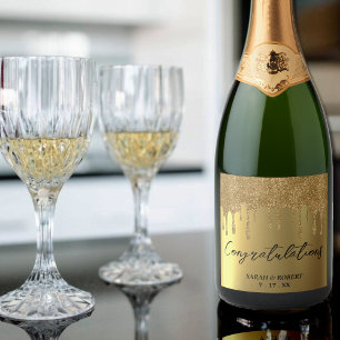 Gold Glitter Drip Wedding Sparkling Wine Label