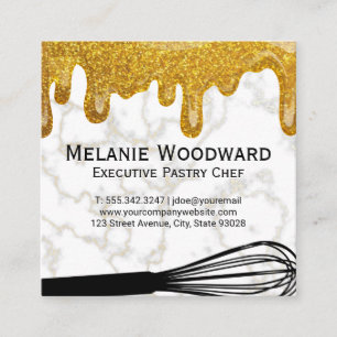 Gold Glitter Drip   White Marble and Whisk Square Business Card