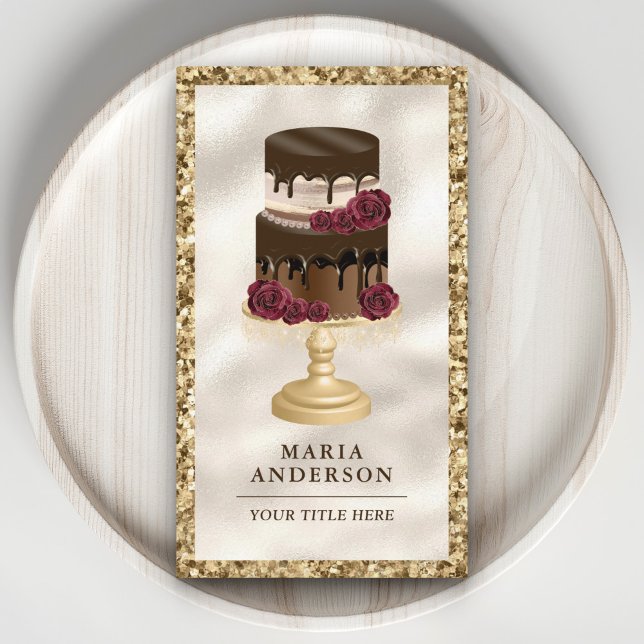 Gold Glitter Dripping Chocolate Cake Floral Bakery Business Card (Creator Uploaded)