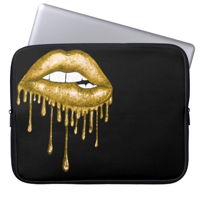 GOLD GLITTER DRIPPING LIPS LAPTOP SLEEVE (Front)