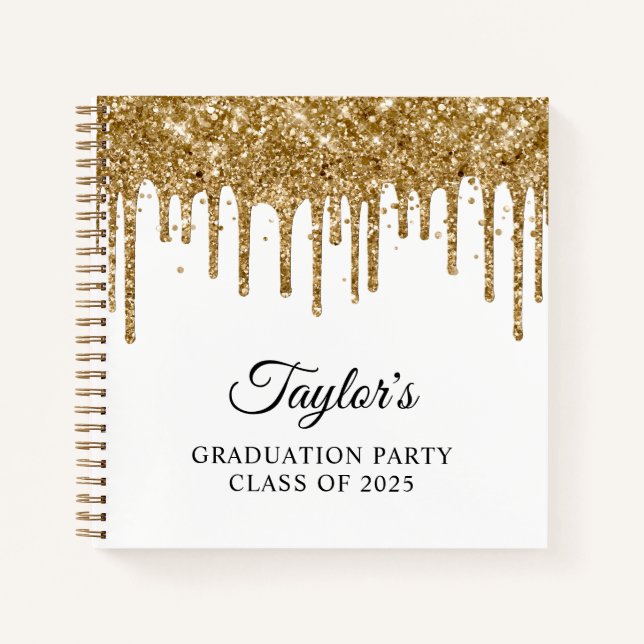 Gold Glitter Drips and White Graduation Guest Notebook (Front)