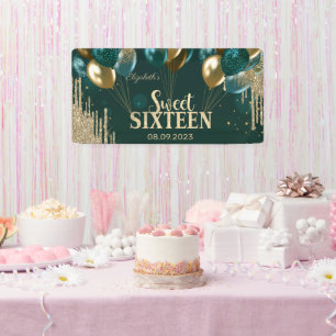 Gold Glitter Drips Balloons Green Sweet 16 Banner
