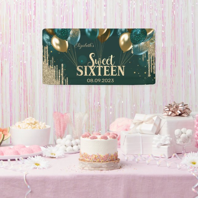  Gold Glitter Drips Balloons Green Sweet 16 Banner (Party)