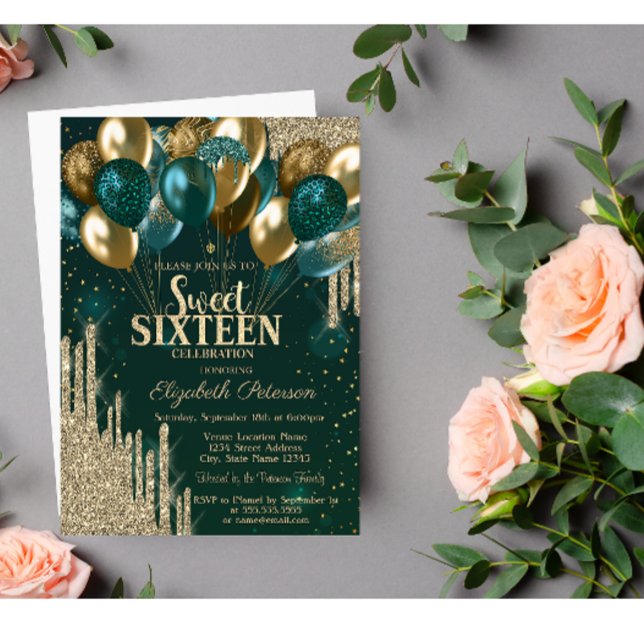  Gold Glitter Drips Balloons Green Sweet 16 Invitation (Creator Uploaded)