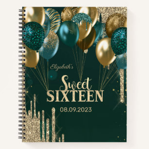 Gold Glitter Drips Balloons Green Sweet 16 Notebook