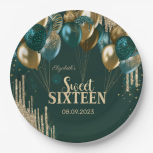 Gold Glitter Drips Balloons Green Sweet 16 Paper Plate