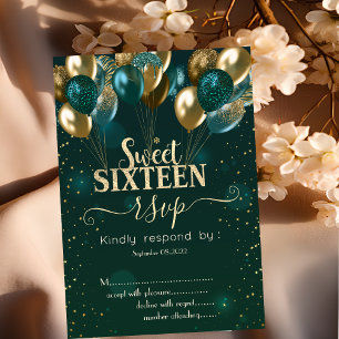 Gold Glitter Drips Balloons Green Sweet 16 RSVP  Invitation