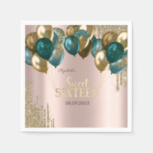  Gold Glitter Drips Balloons Rose Gold Sweet 16 Napkin